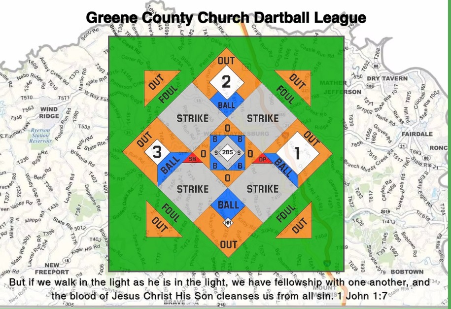 Greene County Church Dartball League graphic showing a dartball board with Greene County map and 1 John 1:7 verse